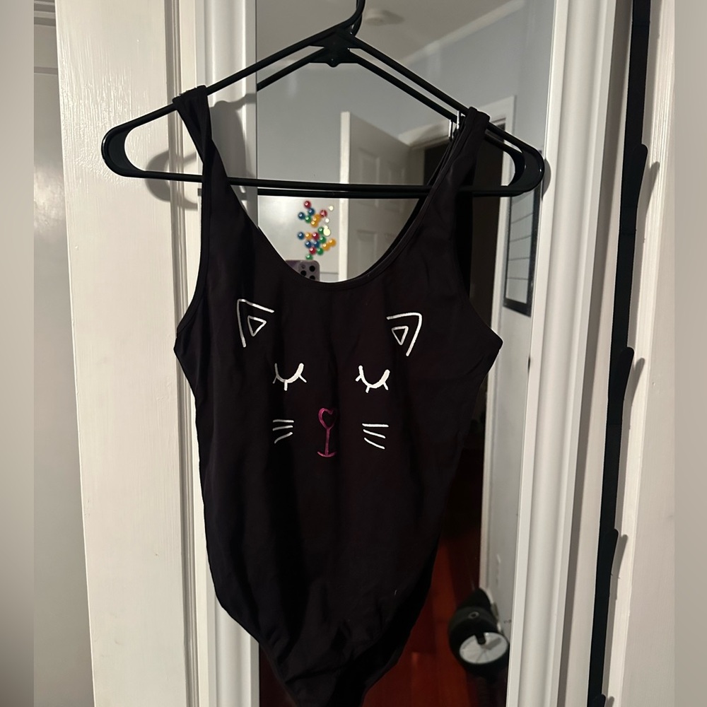 Forever 21 F21 Black Cat Face One-piece Bodysuit Swimsuit Women’s Sz Medium New